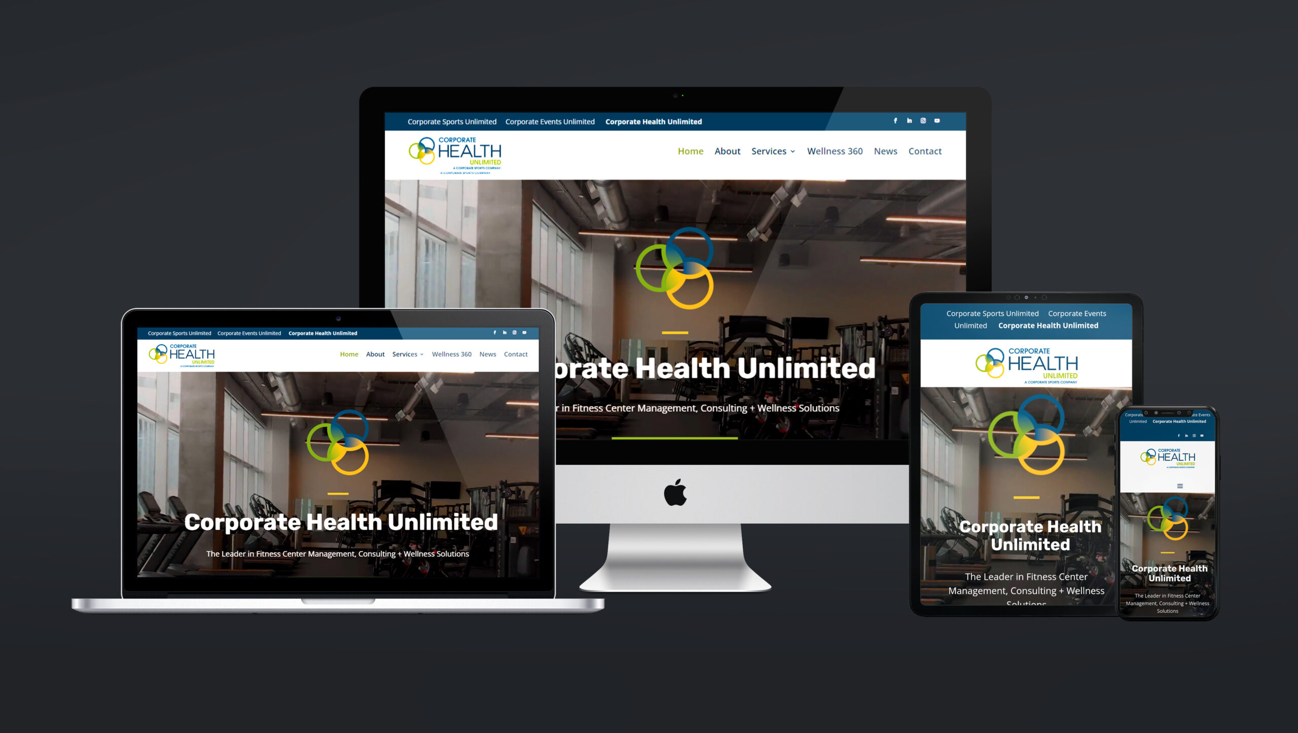 A laptop, tablet, and phone displaying a website design & development services